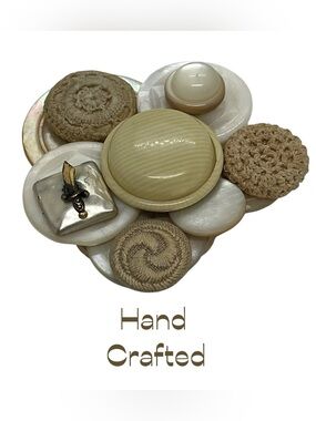Hand Crafted Cream Tan Fabric Resin Antique Buttons Reimagined Into A Brooch NWT